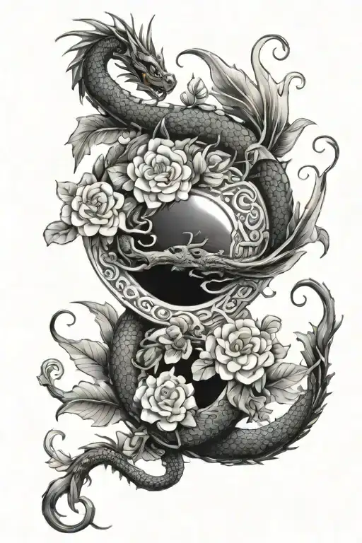 Cute Dragon Yin And Yang With Flowers Flowing