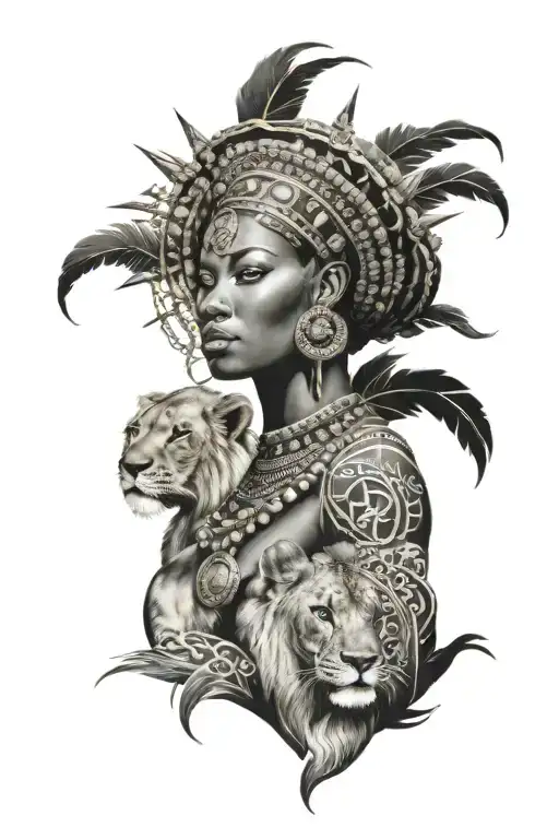 Nubian Queen With Lion Surrounded Tribal Symbols Integrated