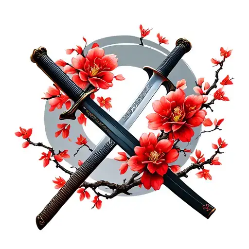 Samurai Sword With Red Sakura Flowers Around