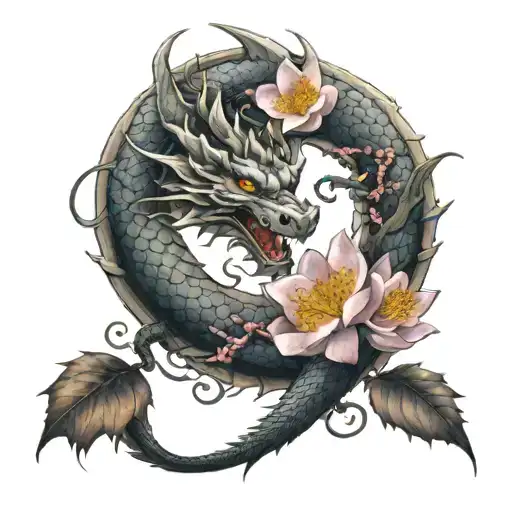 Dragon And Sakura Flowers