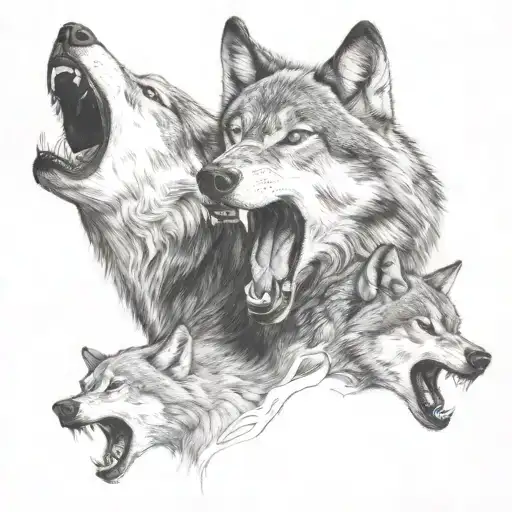 Wolf Showing Some Snarling Protectin His Two Cubs