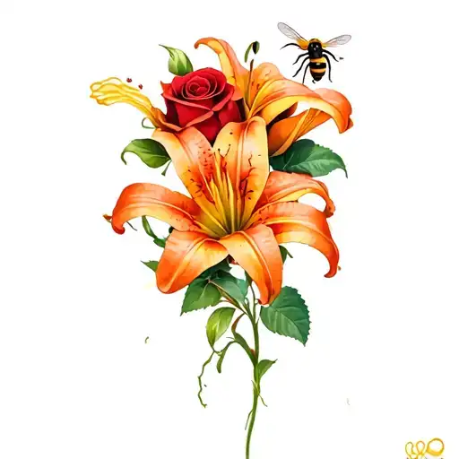Red Rose And Orange Lily Intertwined With A Honey Bee