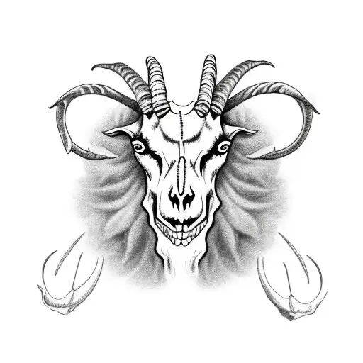 A Goat Skull With Long Horns And Horns Are Wrapped Up With A Branch Of Flower Around It