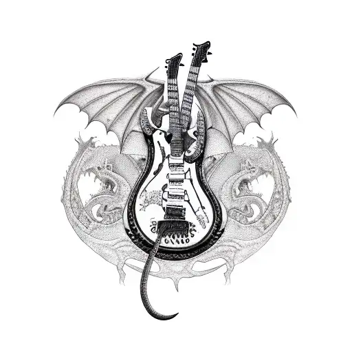 Guitar With Dragons And Skulls And Musical Notes
