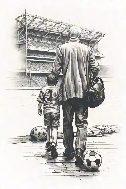Football Stadium And Grandfather And Child Entering Through A
