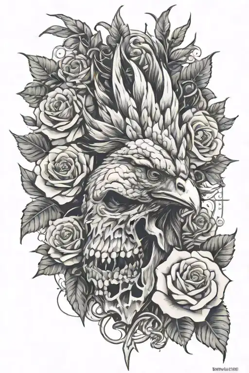 Chicken Head Surrounded By Roses With Thorns And A Skull