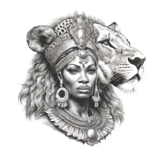 Nubian Queen With Lion Make For Half Sleeve