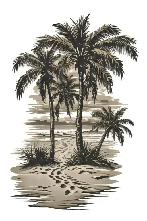 3 Footsteps In The Sand On A Beach With Canary Palm Trees