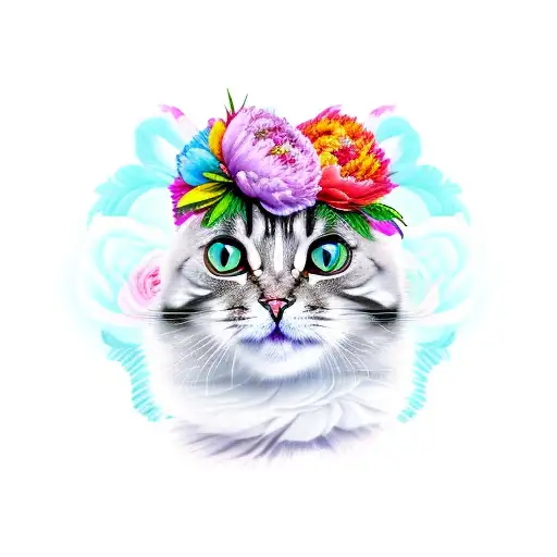 Color Fluffy Stretching Cat With Peonies