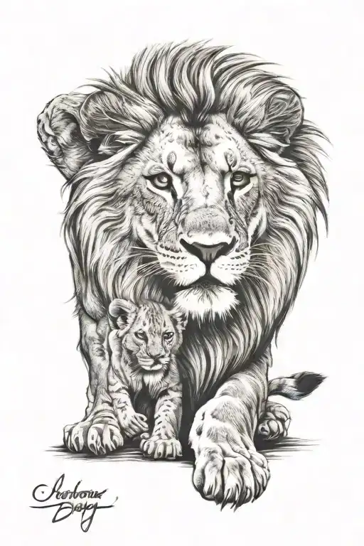 The Lion Stands Straight And Hugs The Lion Cub With One Paw