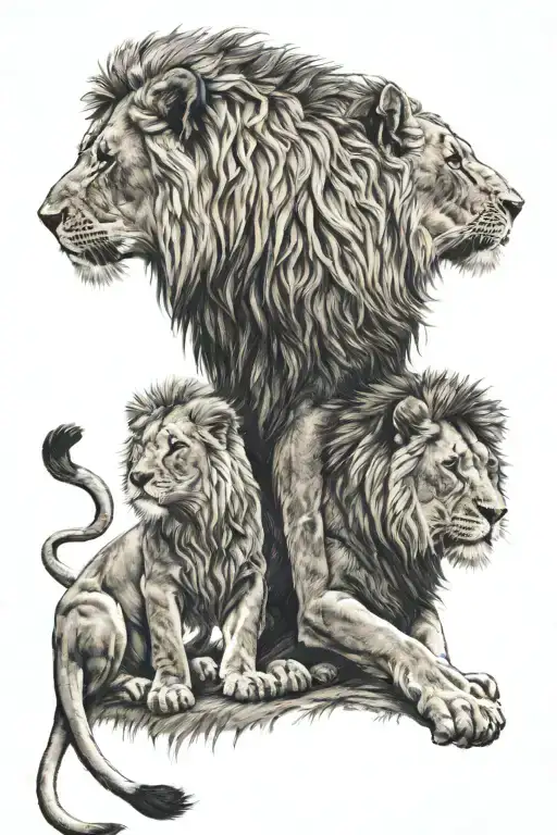 The Lion Stands Straight And Hugs His Son With One Paw