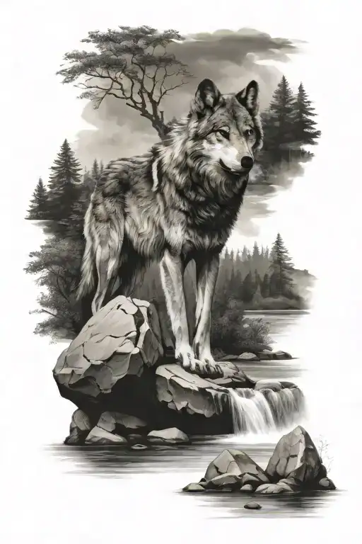 Wolf On A Stone With A River With A Forest In The Background