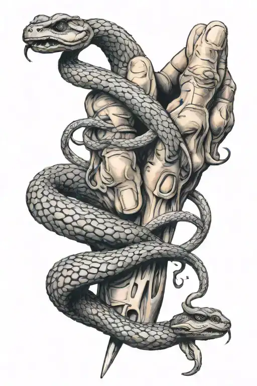 Two Hands Shaking With Snake And Knife Surrounded