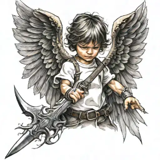 Child With Wings And A Sword Tattoo Design