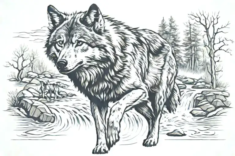 Wolf With River Flowing