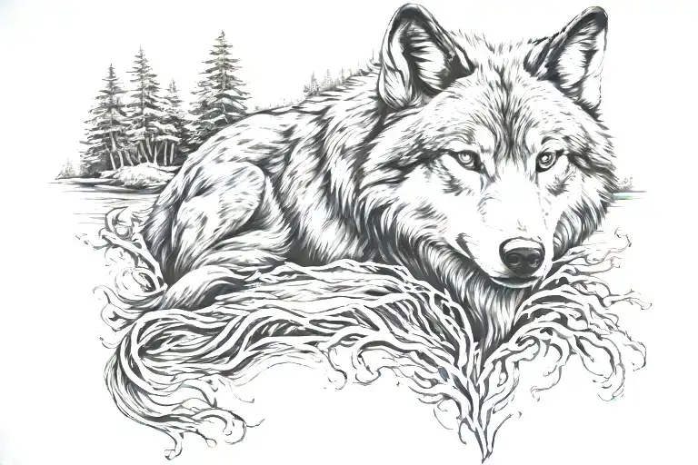 Wolf With River Flowing