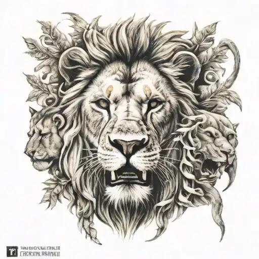 Half Lion Head Emerging Victoriously From The Ashes With Monkeys