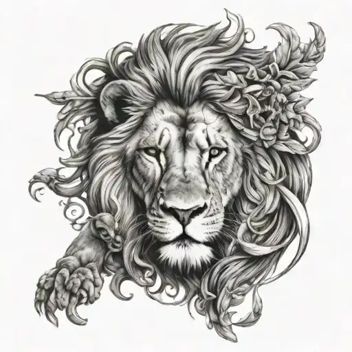 Half Lion Head Emerging Victoriously From The Ashes With Monkeys