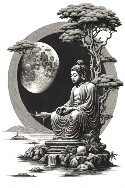 Big Budha Sitting Alone Man Standing Near Moon Made