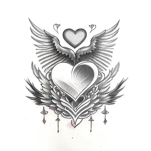 Mom Tattoo With Faded Heart Symbol On Background And Wings On Both Sides And Crown On Top