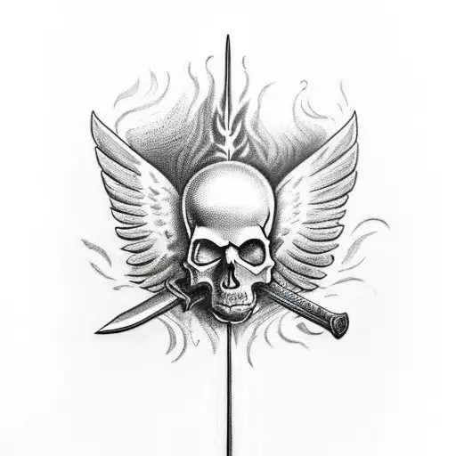 Sword Stuck In A Bonfire With A Winged Skull On It