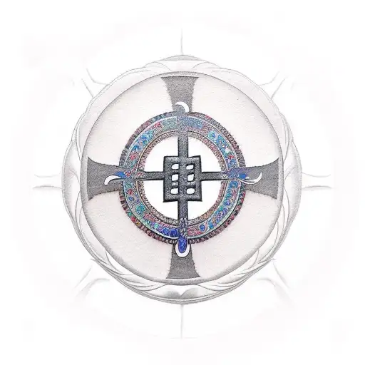 Christian Cross With Merge Of Buddhist Dharma Logo For Arm Tatoo