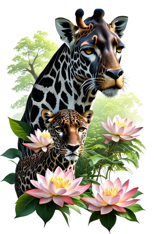 Panther And Giraffe Surrounded By Lotus Flowers And Trees