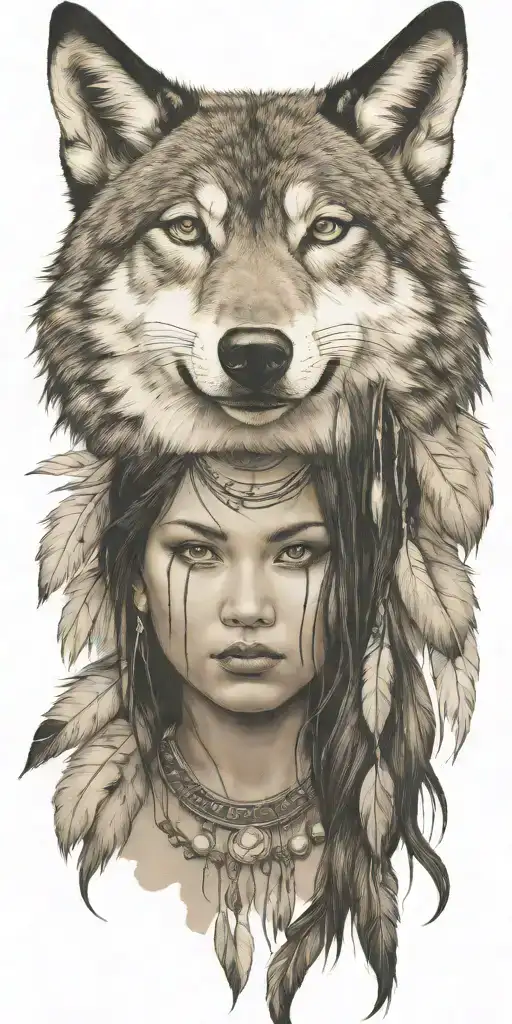 Young Adorable Sioux Woman Full Bust Wolf