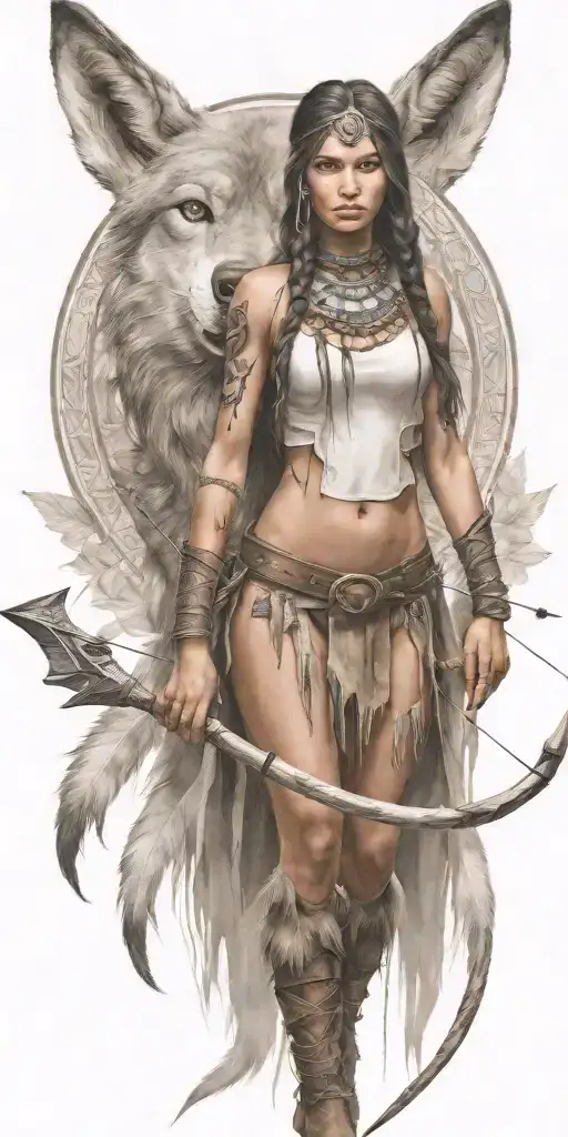 Young Adorable Cheyenne Woman Full Body With Bow And Arrow Wolf