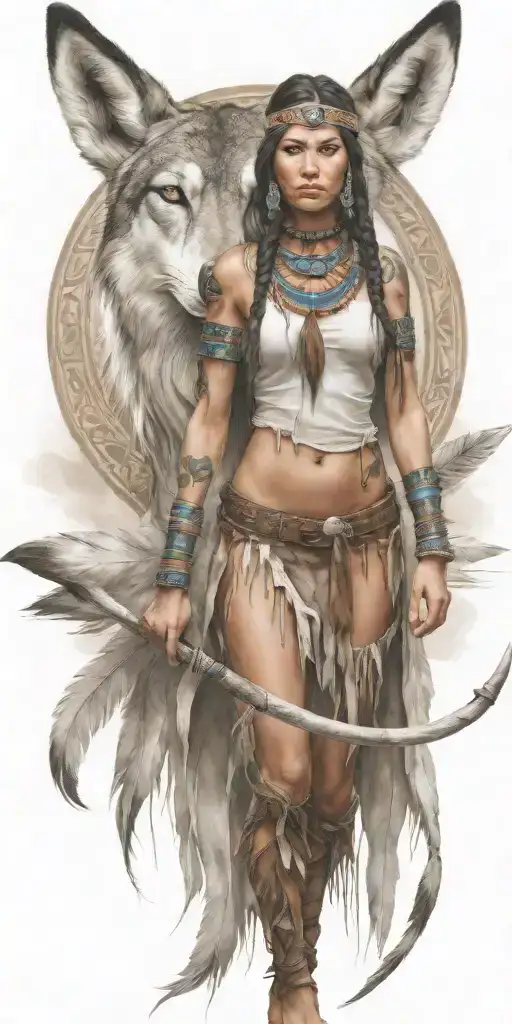 Young Adorable Cheyenne Woman Full Body With Spear Wolf