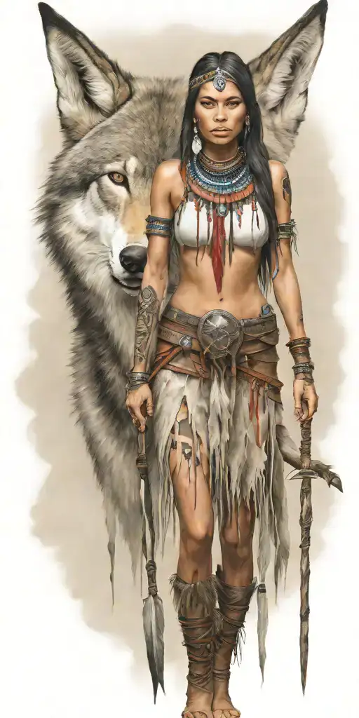 Young Adorable Cheyenne Woman Full Body With Spear Wolf