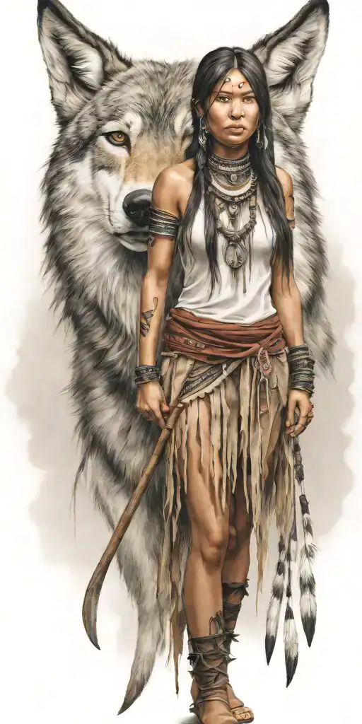 Young Adorable Cheyenne Woman Full Body With Spear Wolf