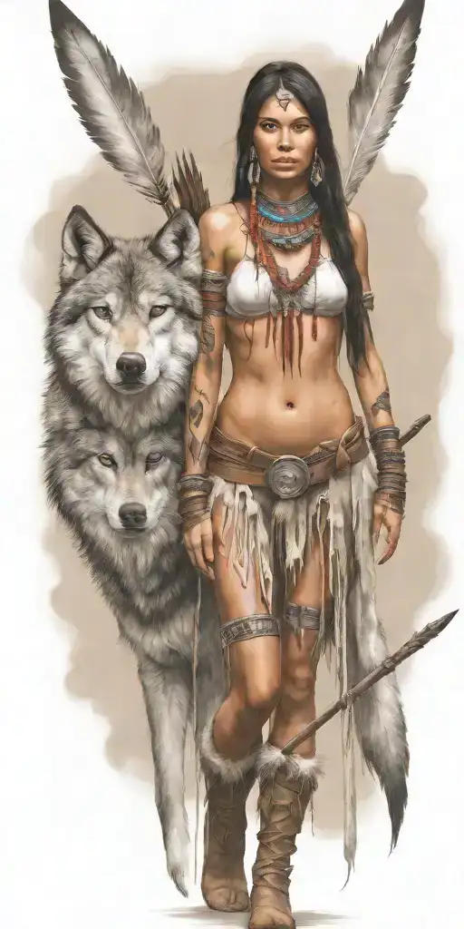 Young Adorable Cheyenne Woman Full Body With Spear Wolf
