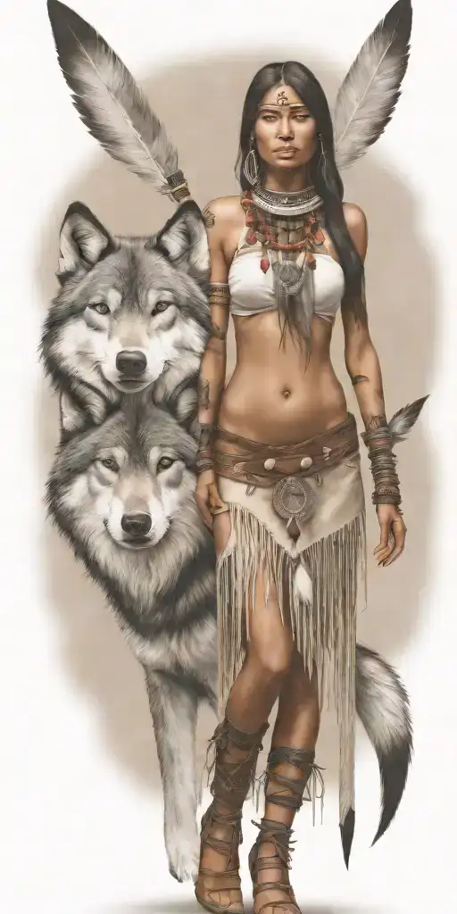 Young Adorable Navajo Woman Full Body Wolf