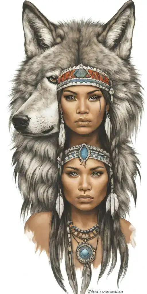 Young Adorable Navajo Woman Full Body Head Dress Wolf