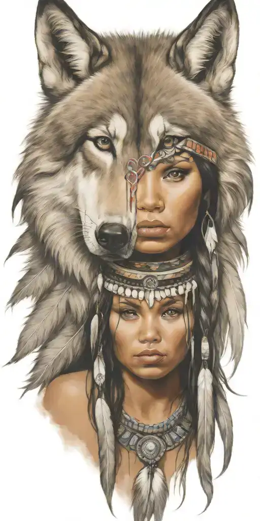 Young Adorable Navajo Woman Full Body Head Dress Wolf
