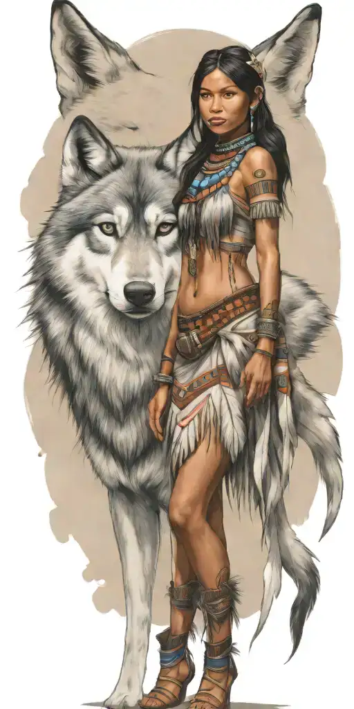 Young Adorable Navajo Woman Full Body Wolf