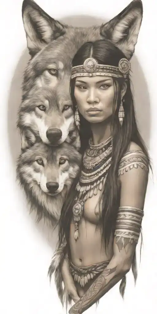 Young Adorable Navajo Woman Full Body Wolf