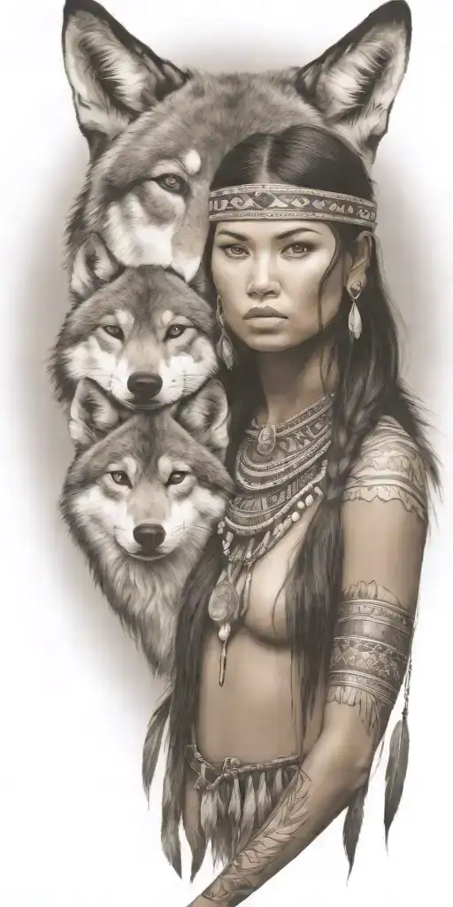 Young Adorable Navajo Woman Full Body Wolf