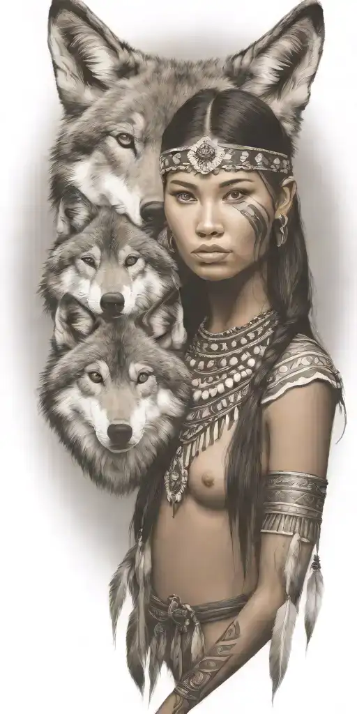 Young Adorable Navajo Woman Full Body Wolf