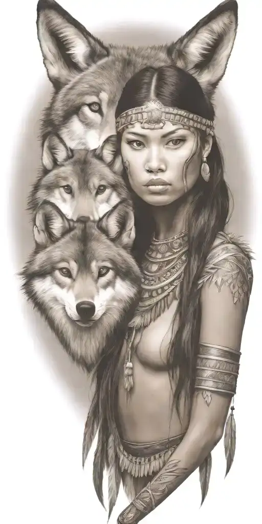 Young Adorable Navajo Woman Full Body Wolf