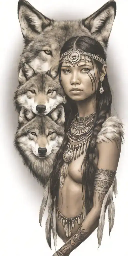 Young Adorable Lakota Woman Full Body Wolf