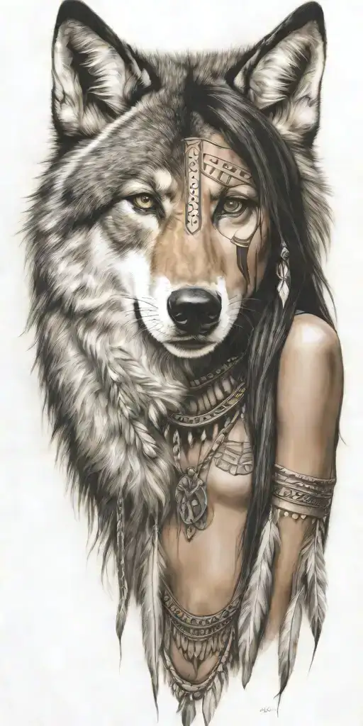 Young Adorable Lakota Woman Full Body Wolf