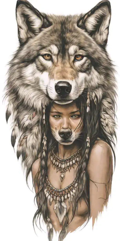 Young Adorable Lakota Woman Full Body Wolf