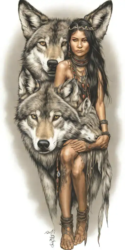 Young Adorable Lakota Woman Full Body Wolf