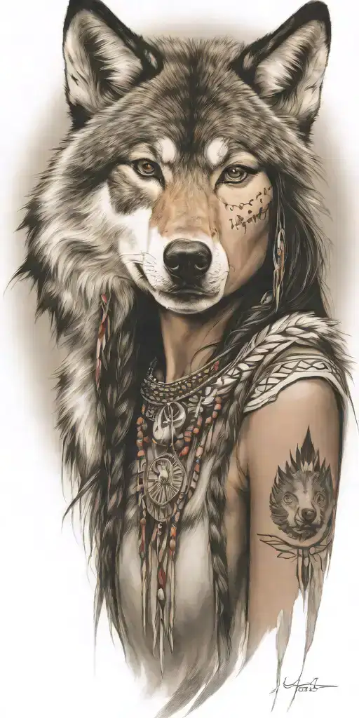 Young Adorable Lakota Woman Full Body Wolf