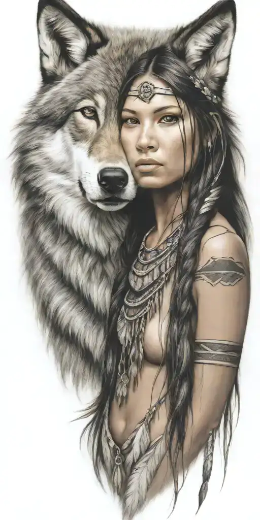 Young Adorable Lakota Woman Full Body Wolf