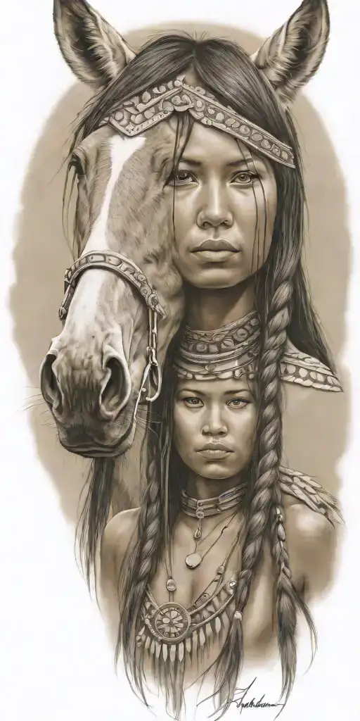 Young Adorable Lakota Woman Full Body Horse