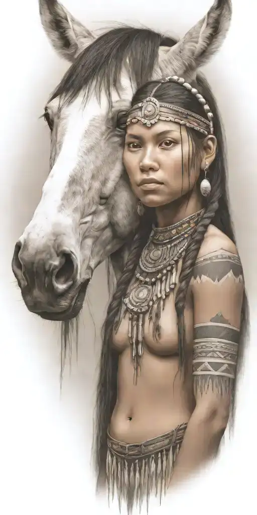 Young Adorable Lakota Woman Full Body Horse