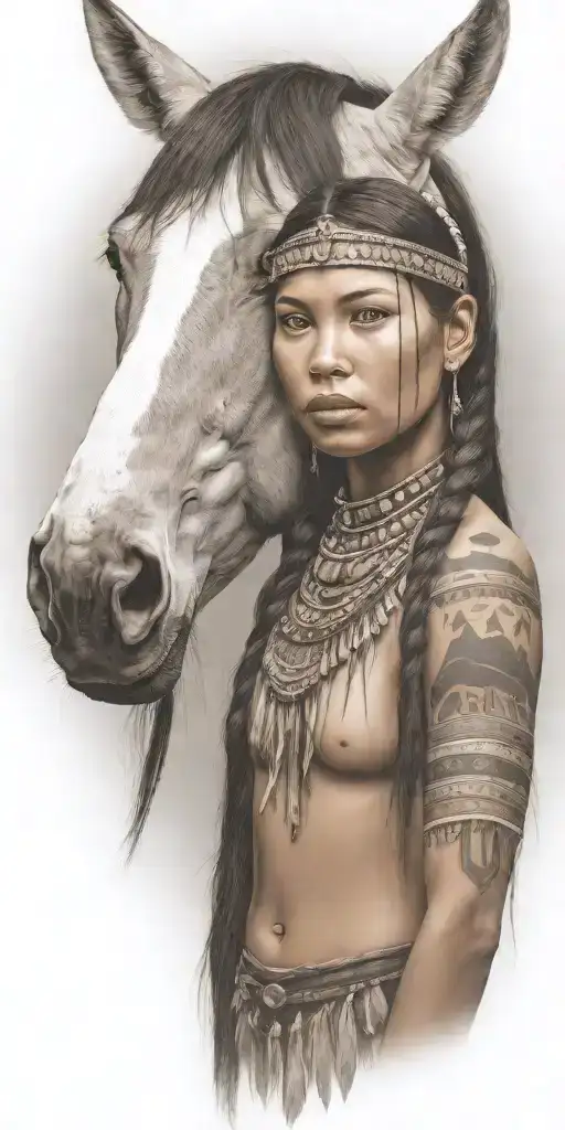 Young Adorable Lakota Woman Full Body Horse